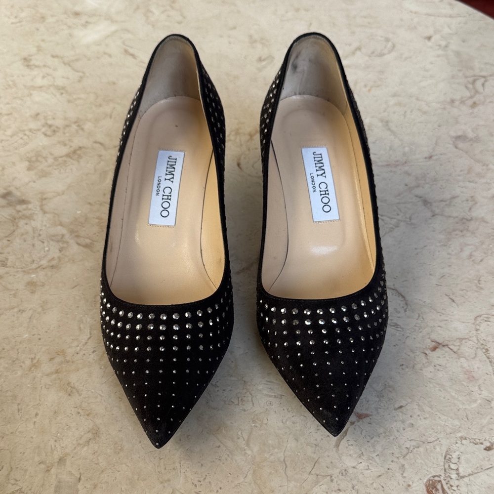 Jimmy Choo Black Suede Pointed Toe Crystal-Stud Pumps EU 38 - Picture 1 of 5